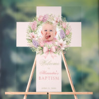 Baptism Pink Cross Girl Photo Floral Wreath Spring