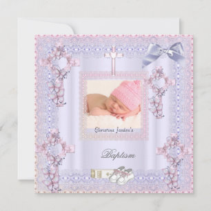 Baptism Pink Cross Girl Photo Lavender Lace 2 Invitation