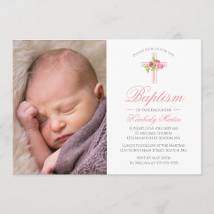Baptism Pink Cross with Roses Floral Photo Invitation