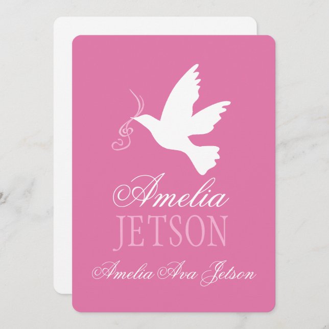 Baptism pink dove announcement invitation card (Front/Back)