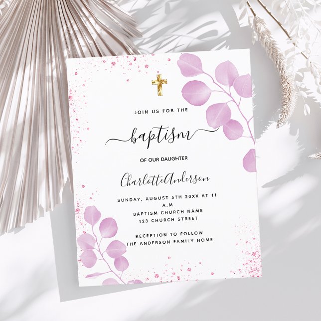Baptism pink eucalyptus glitter invitation (Creator Uploaded)