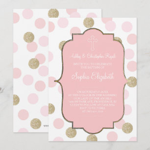 Baptism Pink Faux Gold Glitter Polka Dot Invite