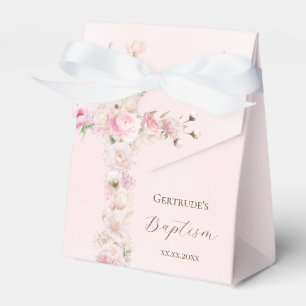 Baptism pink floral cross favour box