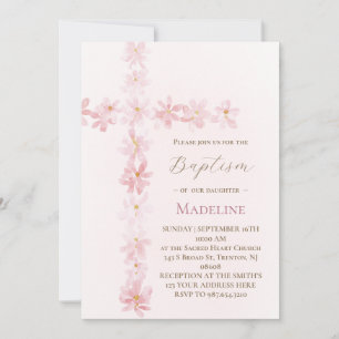 Baptism pink floral cross  invitation