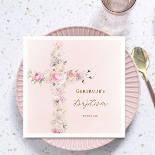 Baptism pink floral cross napkin