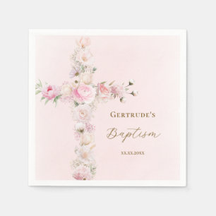 Baptism pink floral cross napkin