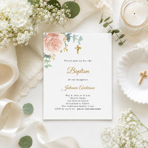 Baptism pink floral girl gold cross invitation