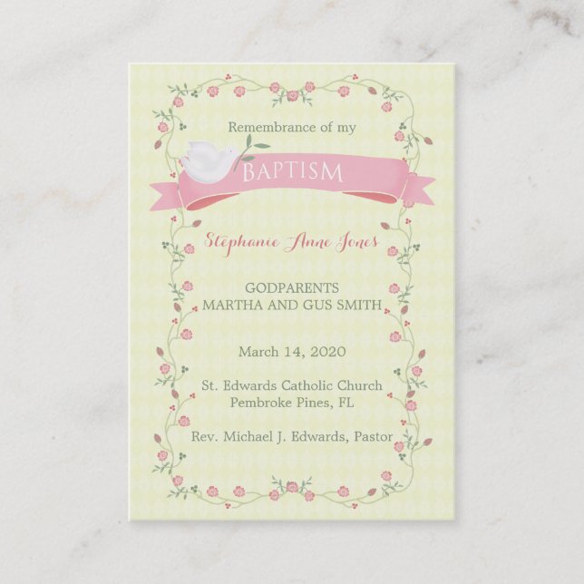 Baptism Pink Floral Wreath Business Card (Front)