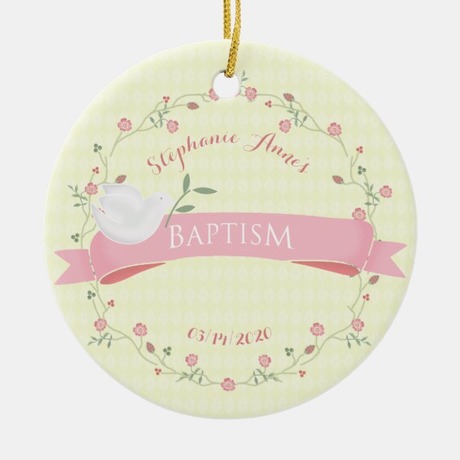 Baptism Pink Floral Wreath Ceramic Tree Decoration (Front)