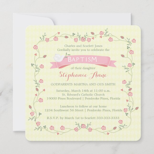 Baptism Pink Floral Wreath Invitation (Front)