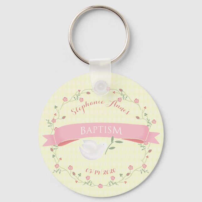 Baptism Pink Floral Wreath Key Ring (Front)