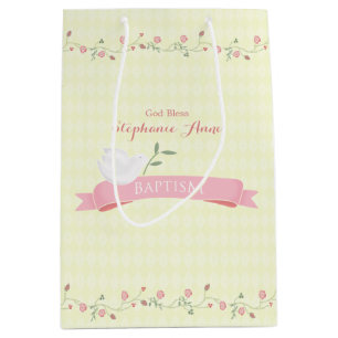 Baptism Pink Floral Wreath Medium Gift Bag