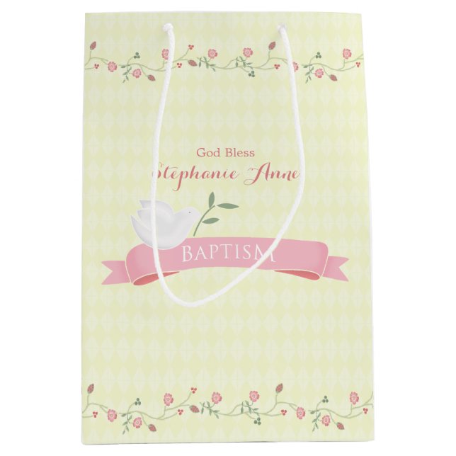Baptism Pink Floral Wreath Medium Gift Bag (Front)