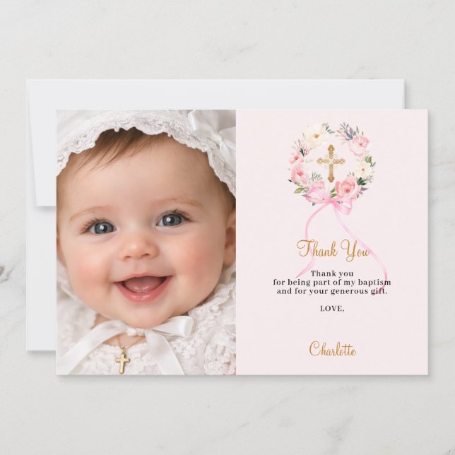 Baptism pink florals bow photo girl thank you card (Front)
