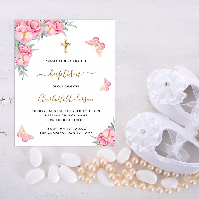 Baptism pink florals butterfly budget invitation (Creator Uploaded)