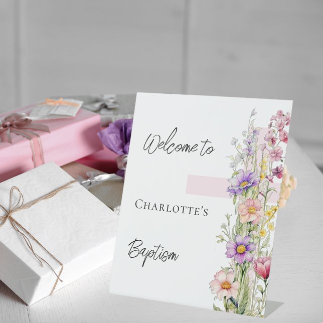 Baptism pink florals cross girl welcome sign (Creator Uploaded)