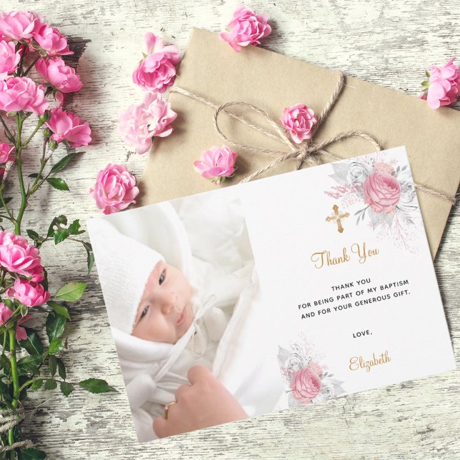 Baptism pink florals custom photo gold white girl thank you card (Creator Uploaded)