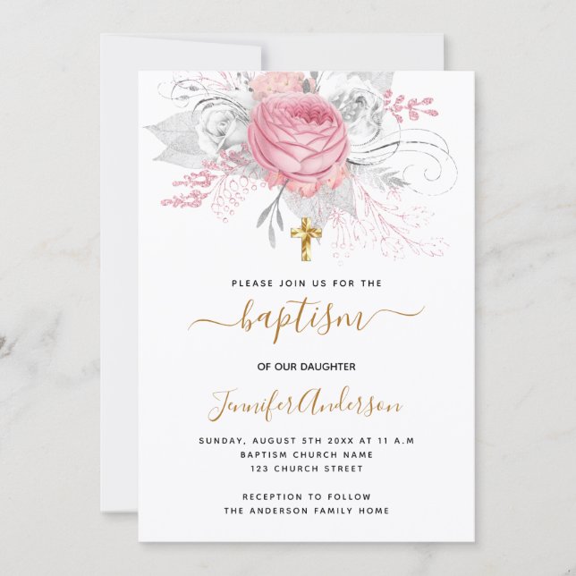 Baptism pink florals girl elegant white invitation (Front)