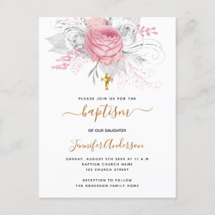 Baptism pink florals girl elegant white invitation postcard