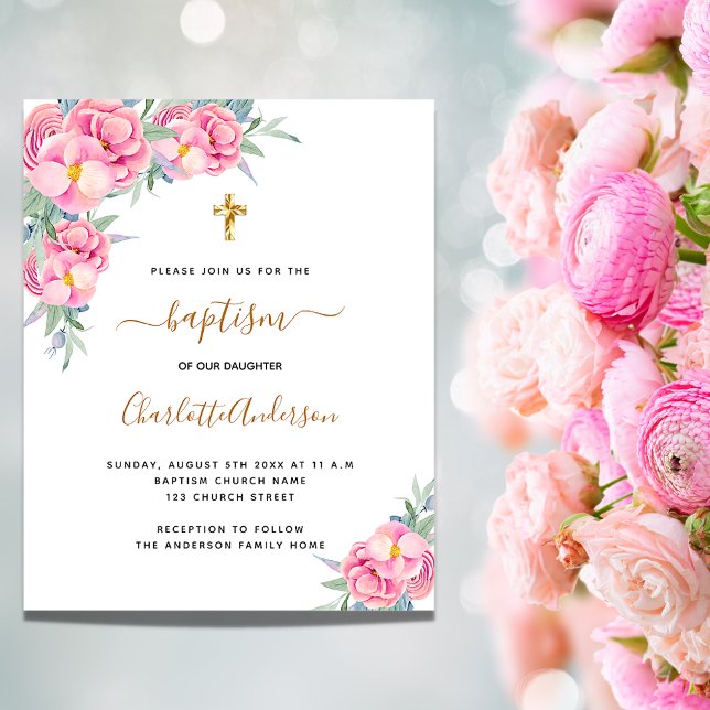 Baptism pink florals rose gold budget invitation (Creator Uploaded)