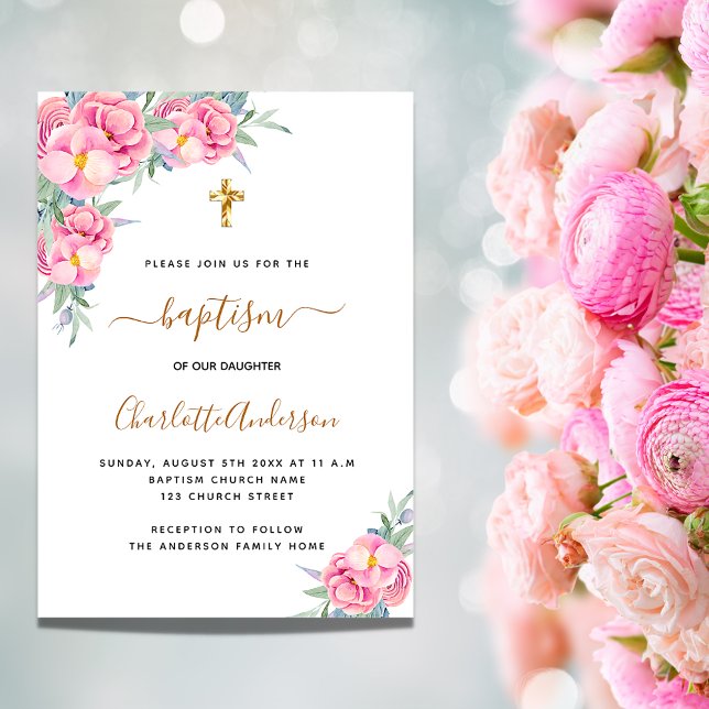 Baptism pink florals rose gold girl elegant invitation (Creator Uploaded)