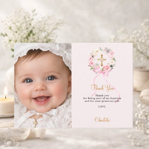 Baptism pink florals wreath bow photo girl thank you card