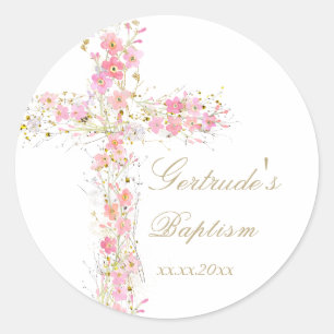 Baptism pink flowers cross baby girl  classic round sticker