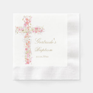 Baptism pink flowers cross baby girl napkin