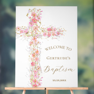 Baptism pink flowers cross welcome clear sign
