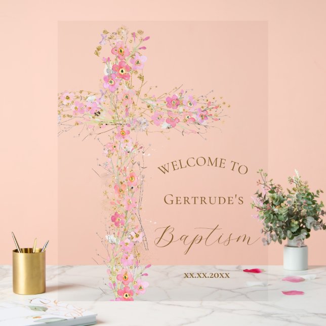 Baptism pink flowers cross welcome clear sign (Wedding)