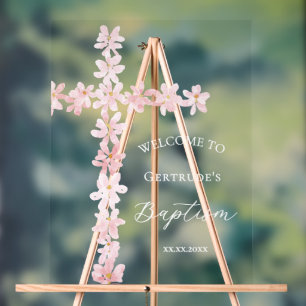 Baptism pink flowers cross welcome clear sign