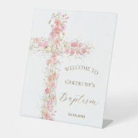 Baptism pink flowers cross welcome sign