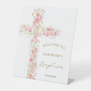 Baptism pink flowers cross welcome sign
