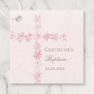 Baptism pink flowers watercolor cross favor tags