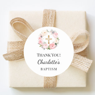 Baptism pink girl florals wreath cross thank you classic round sticker