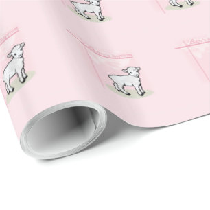 Baptism, Pink, Girl, Lamb Wrapping Paper