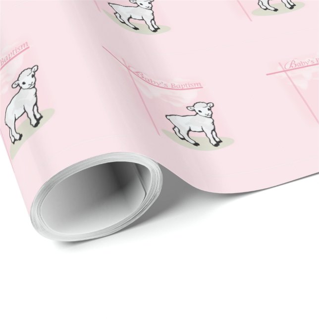 Baptism, Pink, Girl, Lamb Wrapping Paper (Roll Corner)