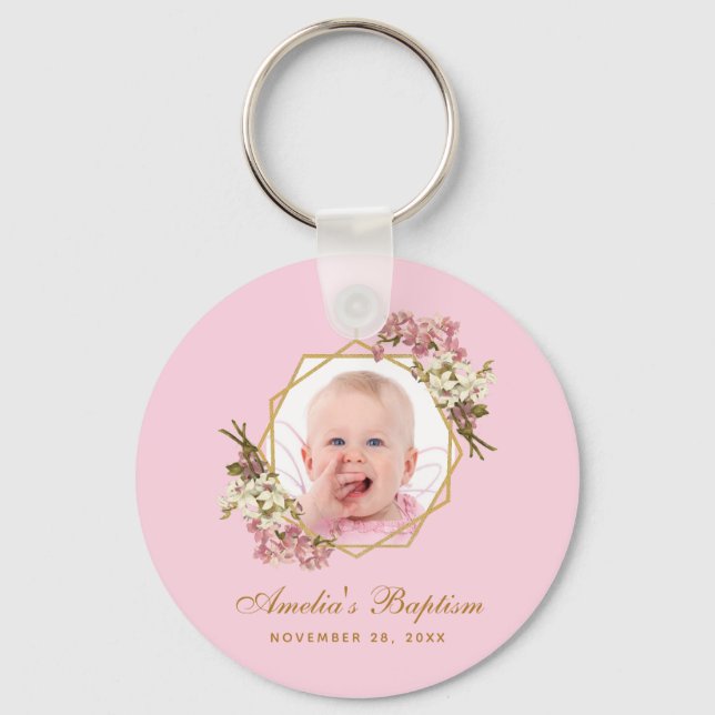Baptism Pink Girl Photo Floral Orchids Gold Cross Key Ring (Front)