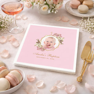 Baptism Pink Girl Photo Floral Orchids Gold Cross  Napkin