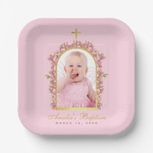 Baptism Pink Girl Photo Gold Arch Floral Orchids  Paper Plate