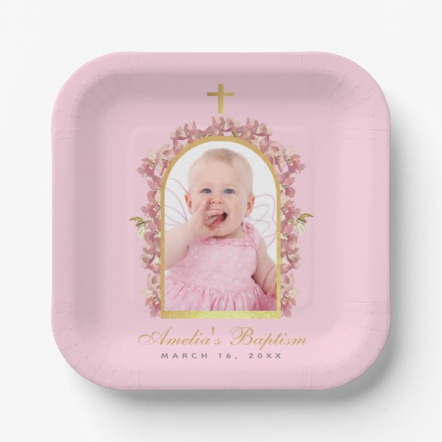 Baptism Pink Girl Photo Gold Arch Floral Orchids  Paper Plate (Front)
