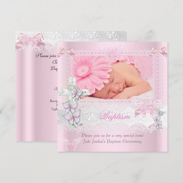 Baptism Pink Lace Photo Butterfly Cross Girl 2 Invitation (Front/Back)