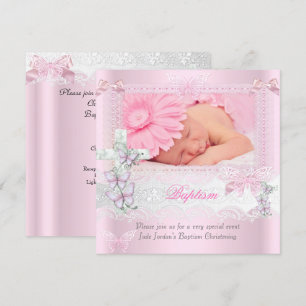 Baptism Pink Lace Photo Butterfly Cross Girl 2 Invitation