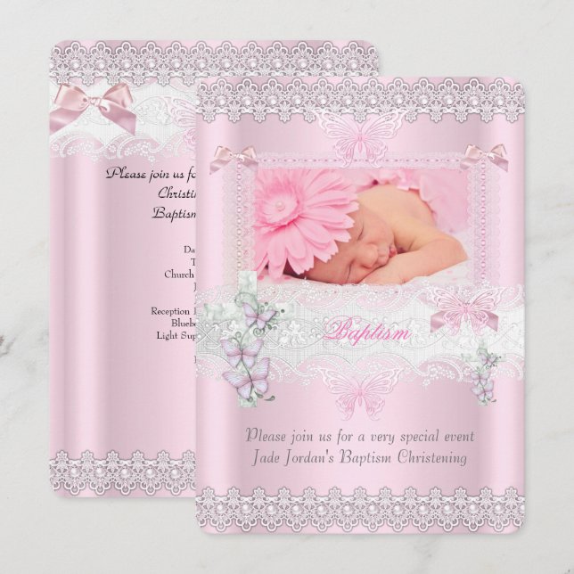 Baptism Pink Lace Photo Butterfly Cross Girl 3 Invitation (Front/Back)