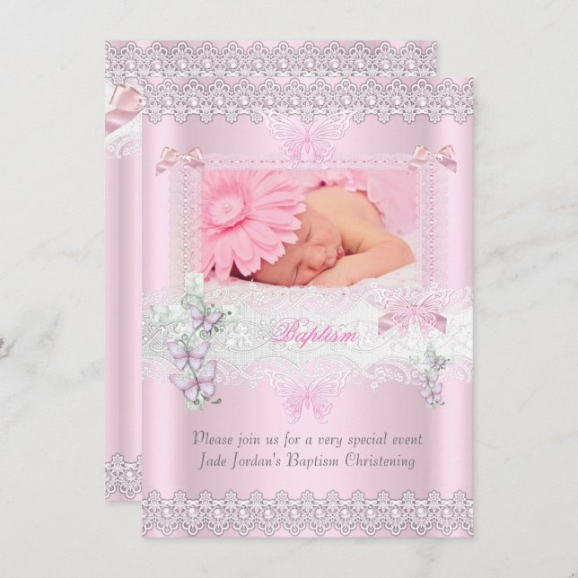 Baptism Pink Lace Photo Butterfly Cross Girl 3 Invitation (Front/Back)