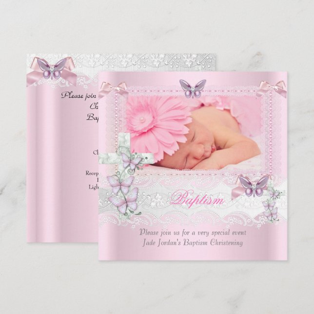 Baptism Pink Lace Photo Butterfly Cross Girl Invitation (Front/Back)