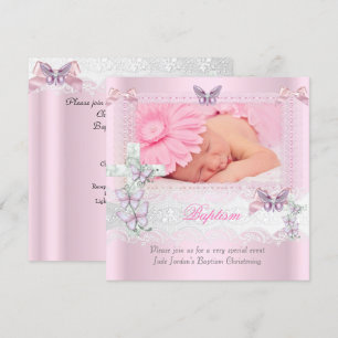 Baptism Pink Lace Photo Butterfly Cross Girl Invitation