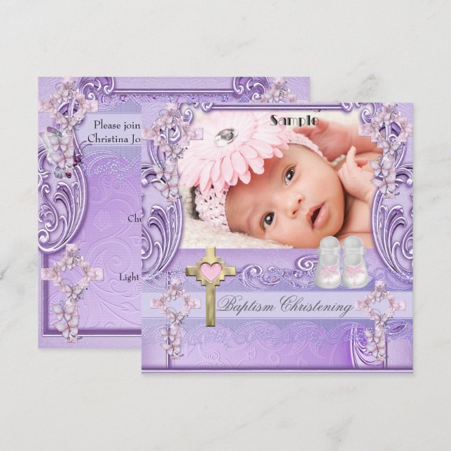 Baptism Pink Lilac Cross Girl Photo Christening Invitation (Front/Back)