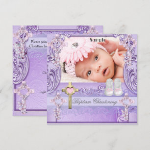 Baptism Pink Lilac Cross Girl Photo Christening Invitation