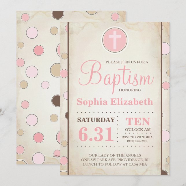 Baptism Pink Polka Dot Invite - Baby Girl (Front/Back)